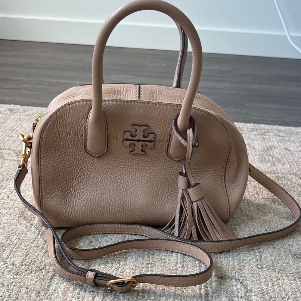 Tory Burch Taupe McGraw logo Leather Crossbody Bag